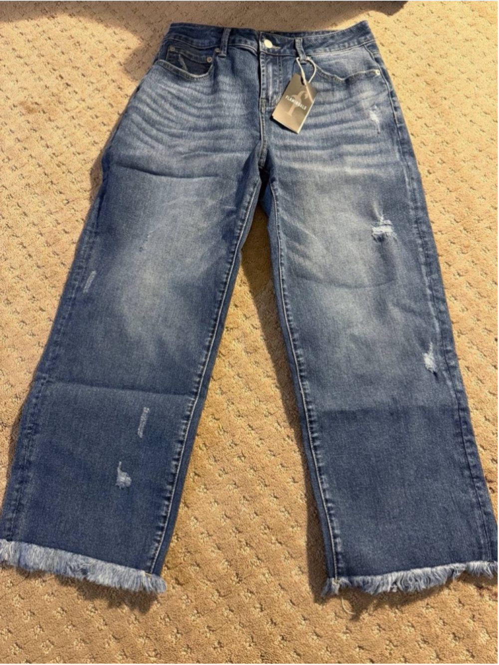 Flamingals Straight Leg Crop Vintage Wash Raw Hem Ripped Jeans M